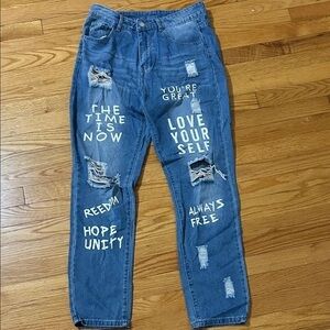 SHEIN Blue Relaxed Jeans with Motivational Text